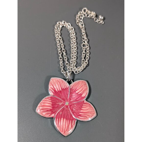 KC Kenneth Cole Pink Enamel Flower Crystal Pendant Necklace Silver Tone 19" - Picture 3 of 9